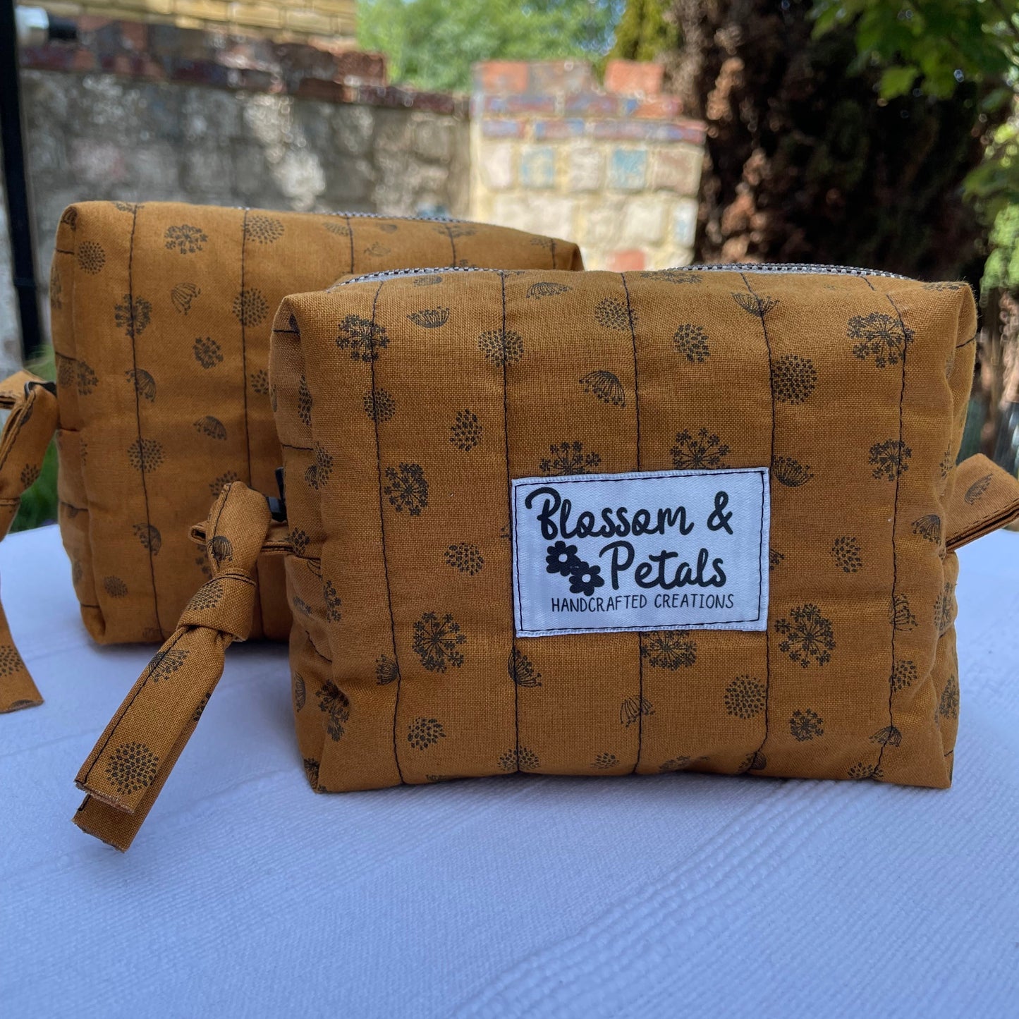 Mustard Brown Floral Quilted Pouch Makeup Bag