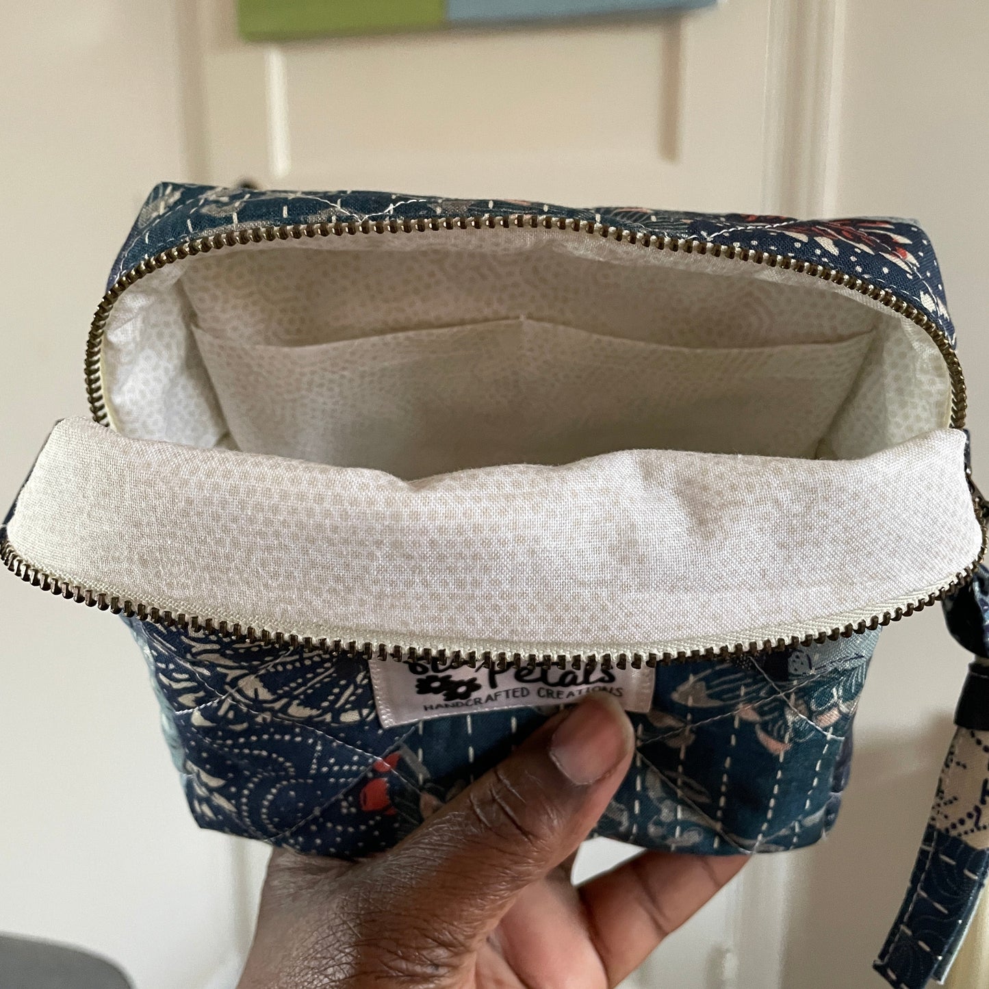 Handmade Quilted Patchwork Pouch in Blue, Small Zipper Bag for Everyday Essentials