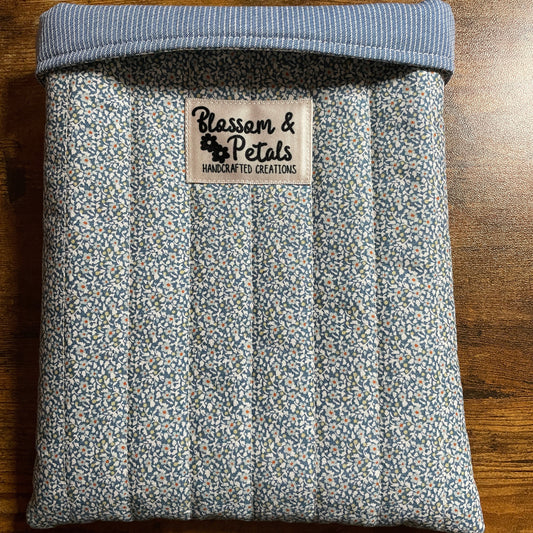 Blue Ditsy Floral Quilted Book Sleeve, Padded Book Protector