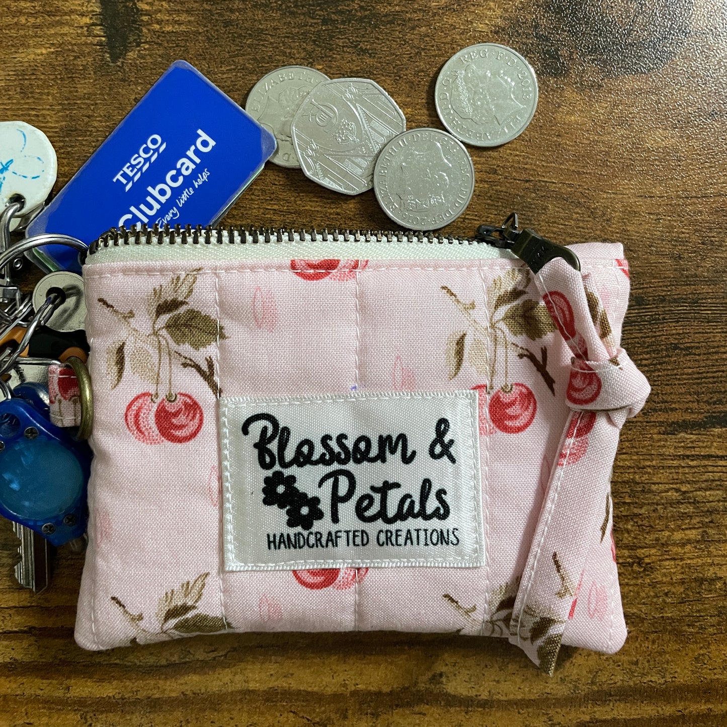Handmade Cherry Print Quilted Coin Purse & Zip Pouch