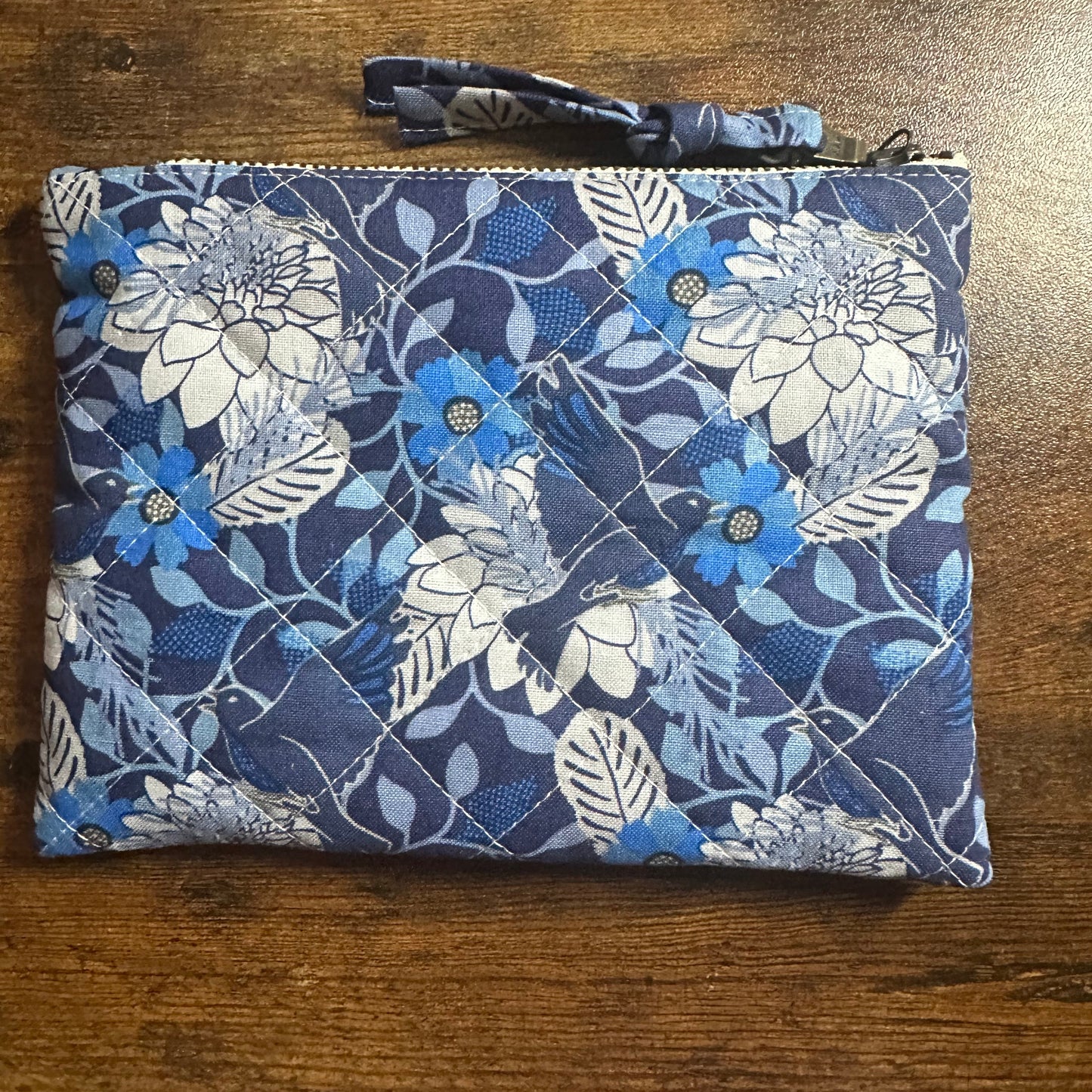 Blue & White Quilted Floral Pouch – Handmade Makeup Bag