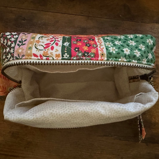 Floral Patchwork Quilted Zipper Pouch, Handmade Everything Cosmetic Travel Bag
