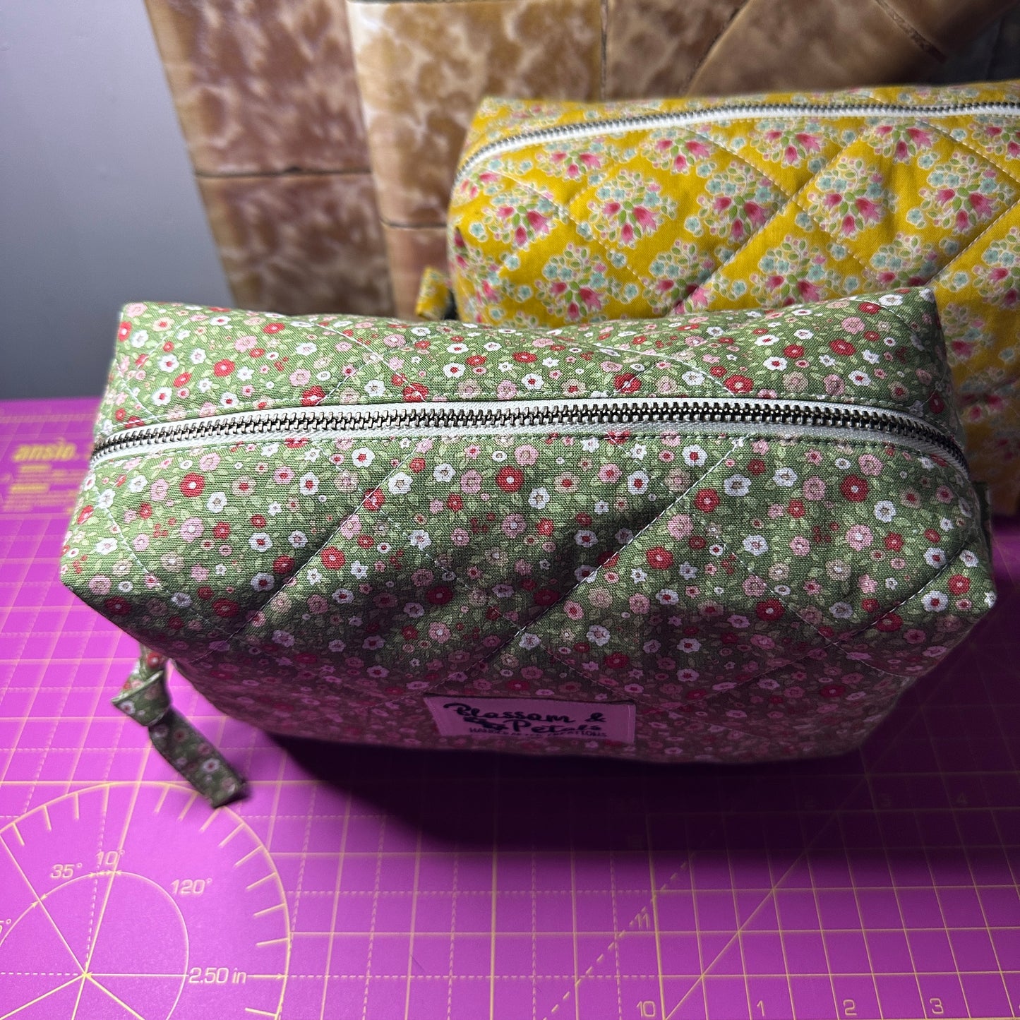 Handmade Green Floral Quilted Makeup Bag with Cotton Print