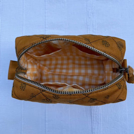 Mustard Brown Floral Quilted Pouch Makeup Bag