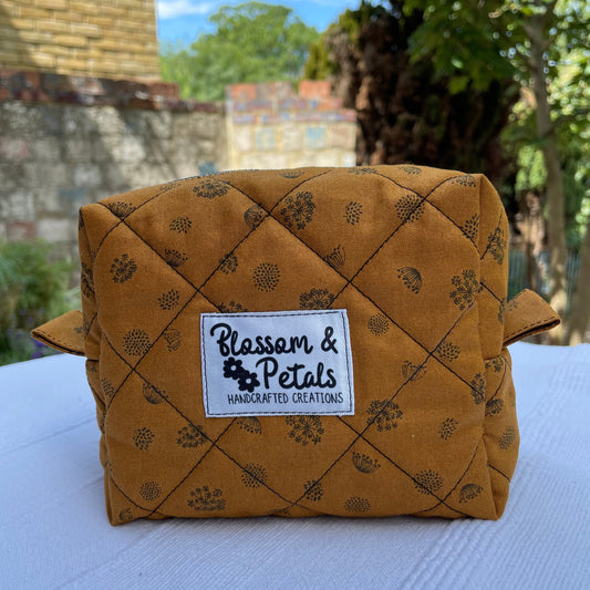 Mustard Brown Floral Quilted Pouch Makeup Bag