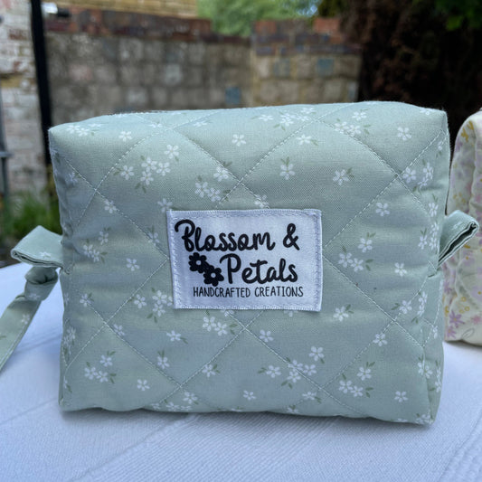 Sage Green Floral Quilted Pouch Makeup Bag