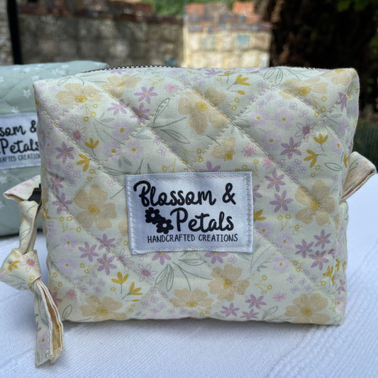 Pastel Yellow Botanical Quilted Pouch Makeup Bag