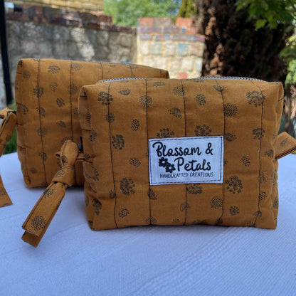 Mustard Brown Floral Quilted Pouch Makeup Bag