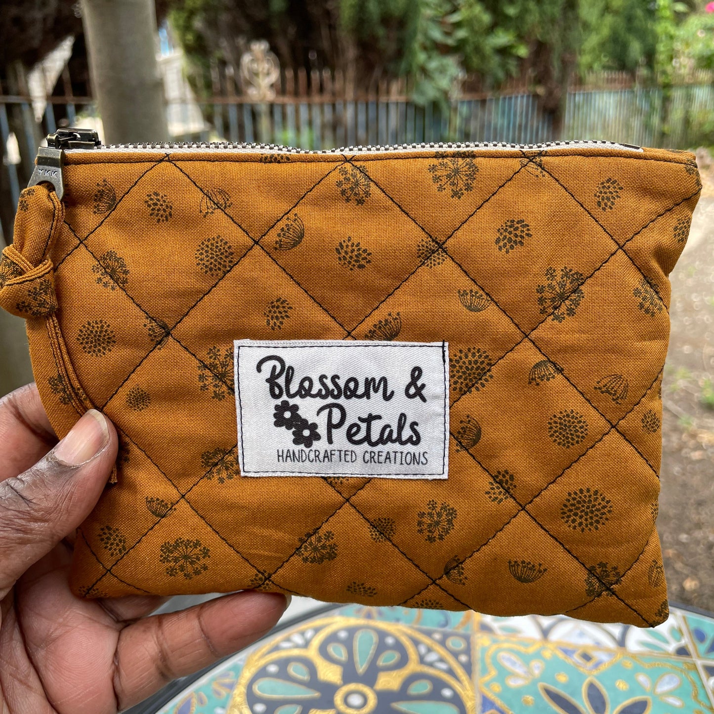 Caramel Brown Quilted Floral Zipper Pouch