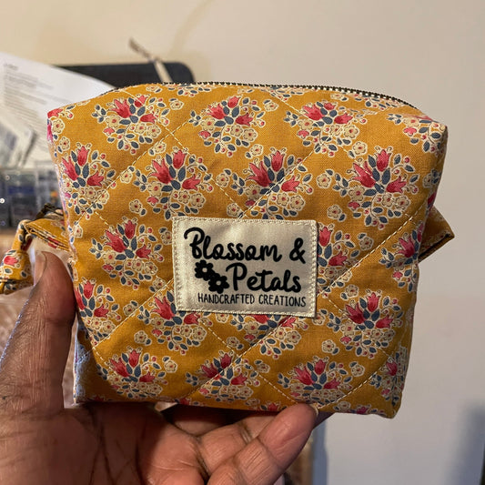 Handmade Quilted Zipper Pouch – Yellow Red Floral Makeup Bag