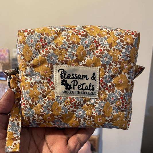 Handmade Quilted Makeup Bag – Yellow Blue Floral Travel Pouch