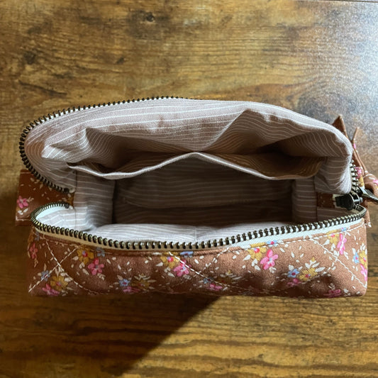 Handmade Quilted Cosmetic Bag – Brown Floral Makeup Pouch