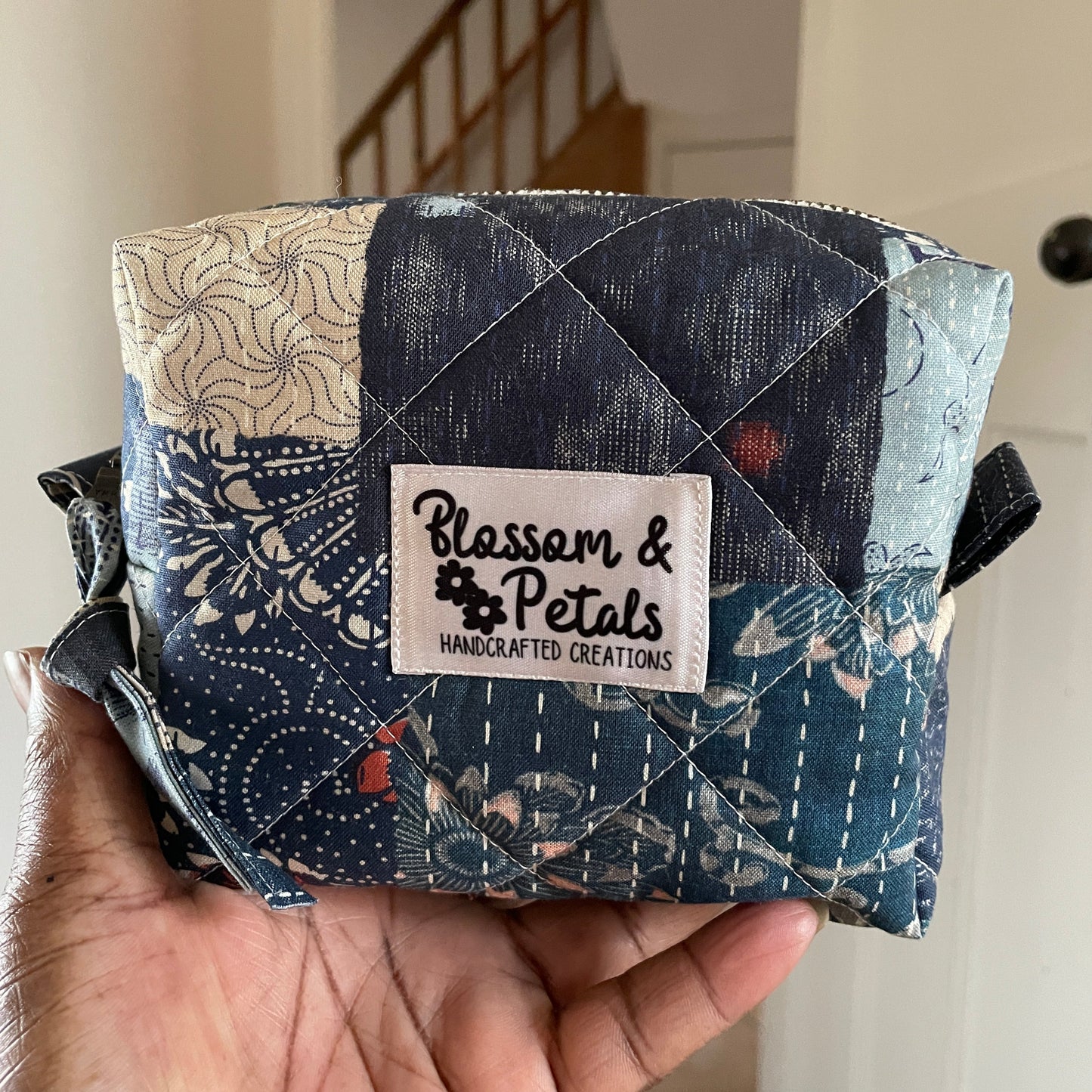 Handmade Quilted Patchwork Pouch in Blue, Small Zipper Bag for Everyday Essentials
