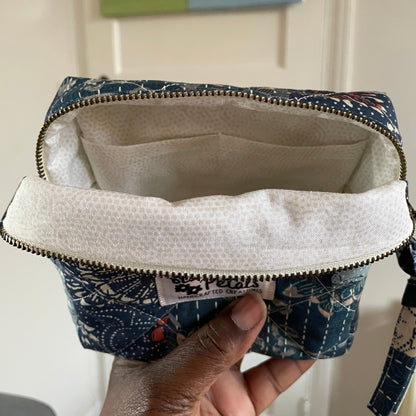 Handmade Quilted Patchwork Pouch in Blue, Small Zipper Bag for Everyday Essentials