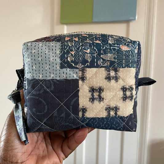 Handmade Quilted Patchwork Pouch in Blue, Small Zipper Bag for Everyday Essentials