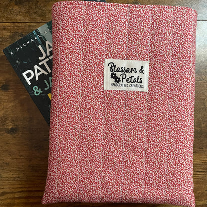 Red Ditsy Floral Quilted Book Sleeve, Padded Book Protector