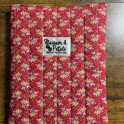 Handmade red floral padded fabric book sleeve for book protection