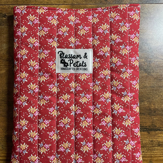 Handmade red floral padded fabric book sleeve for book protection