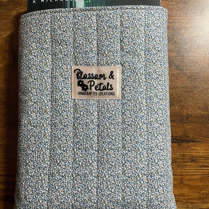 Blue Ditsy Floral Quilted Book Sleeve, Padded Book Protector