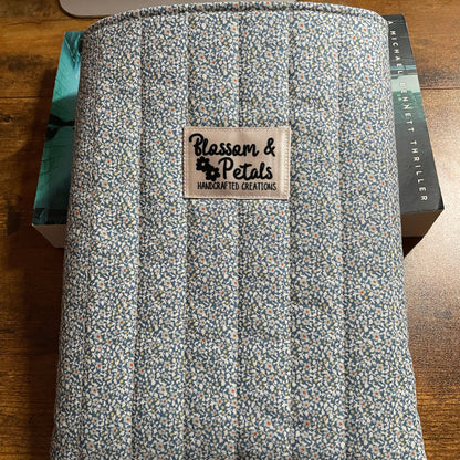 Blue Ditsy Floral Quilted Book Sleeve, Padded Book Protector