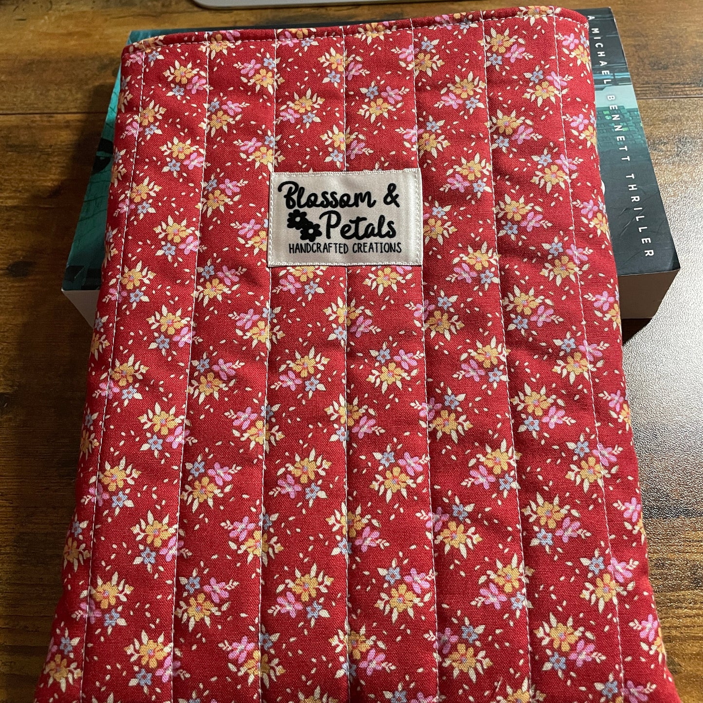 Red Floral Book Sleeve – Handmade Padded Book Protector