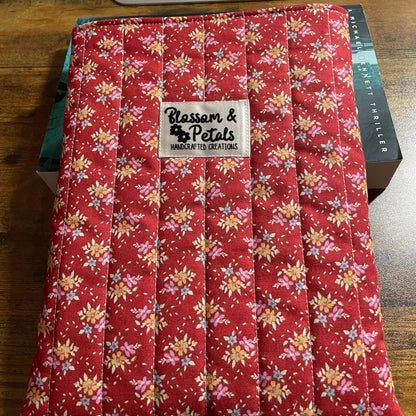 Red Floral Book Sleeve – Handmade Padded Book Protector