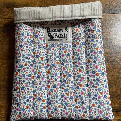 Handmade Floral Cream Blue Book Sleeve – Padded Fabric Book Protector