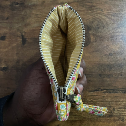 Mustard Floral Quilted Pouch – Handmade Small Makeup & Zip Bag