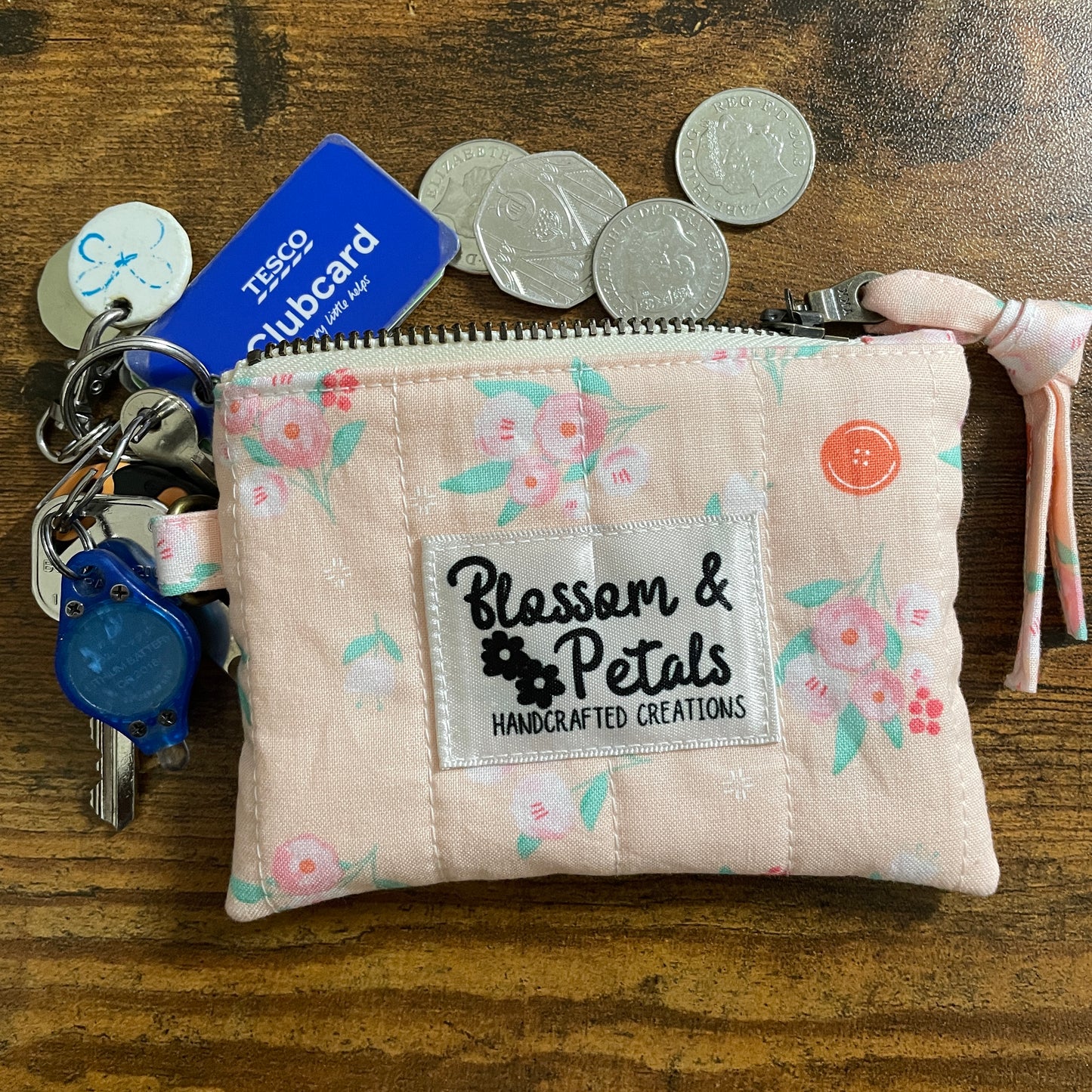 Handmade Peach Floral Quilted Coin Purse & Mini Zip Pouch