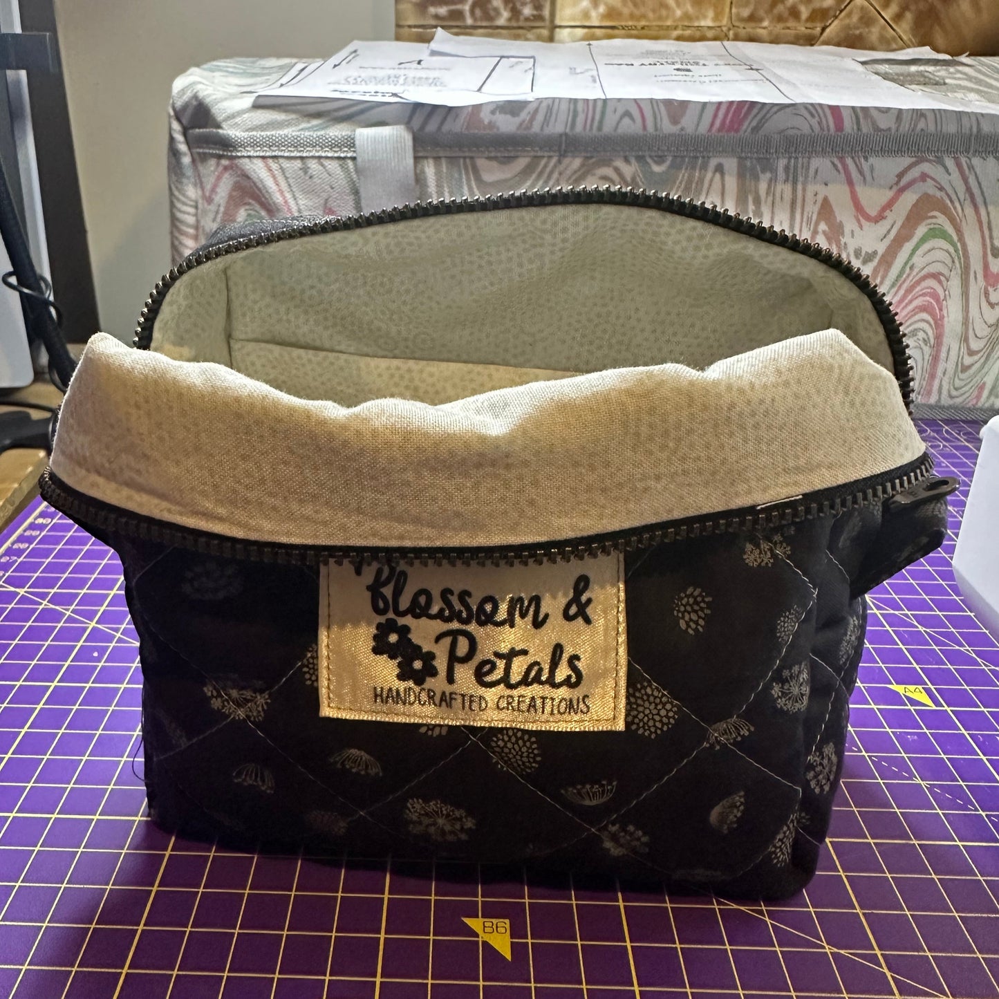Quilted Black Floral Makeup Bag – Handcrafted Zipper Pouch