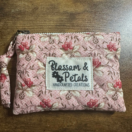 Pink Floral Quilted Zipper Pouch – Handmade Coin Purse & Small Wallet