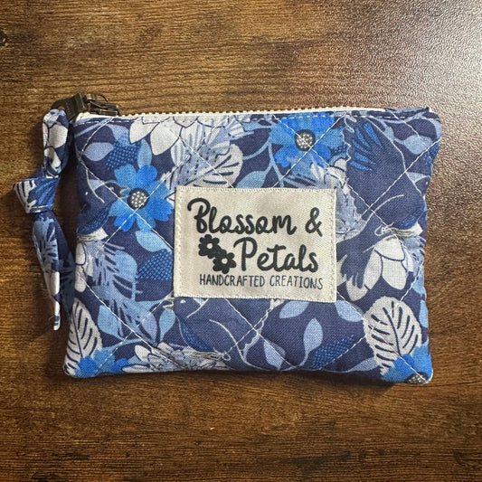Blue Floral Quilted Zipper Pouch – Handmade Coin Purse & Small Wallet
