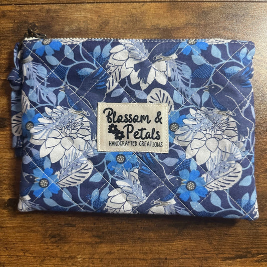 Blue & White Quilted Floral Pouch – Handmade Makeup Bag