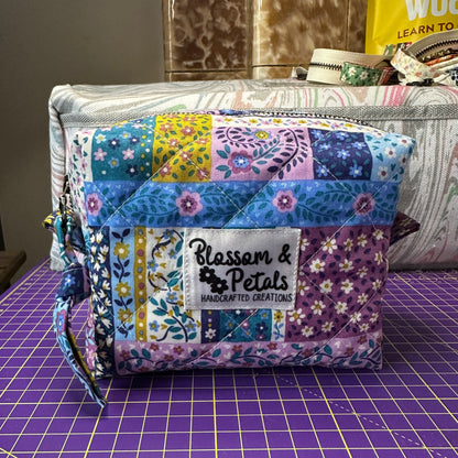 Floral Patchwork Quilted Zipper Pouch, Handmade Everything Bag
