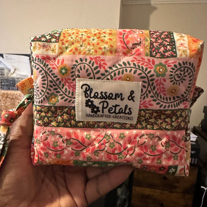 Floral Patchwork Quilted Zipper Pouch, Handmade Everything Cosmetic Travel Bag