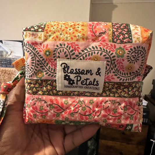 Floral Patchwork Quilted Zipper Pouch, Handmade Everything Cosmetic Travel Bag