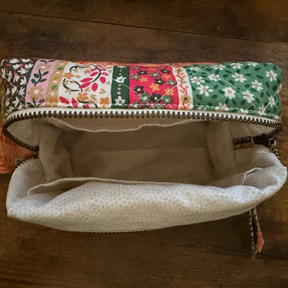 Floral Patchwork Quilted Zipper Pouch, Handmade Everything Cosmetic Travel Bag