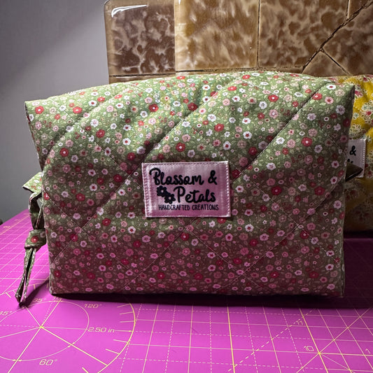 Handmade Green Floral Quilted Makeup Bag with Cotton Print