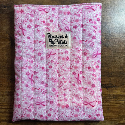 Handmade pink ribbon floral padded fabric book sleeve for protecting books, journals, and planners