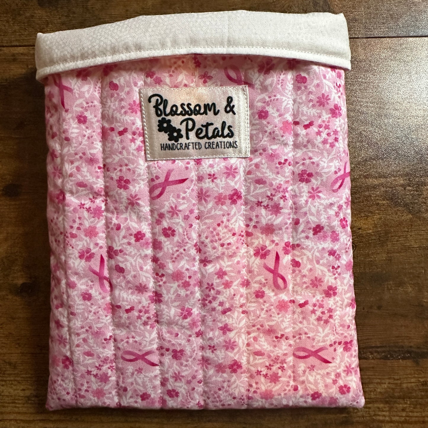 Pink Ribbon Book Sleeve – Handmade Padded Fabric Book Protector